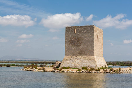 TamarÃ­ coastal watchtower located in the salt flats of Santa Pola, Alicante, Spain.の写真素材