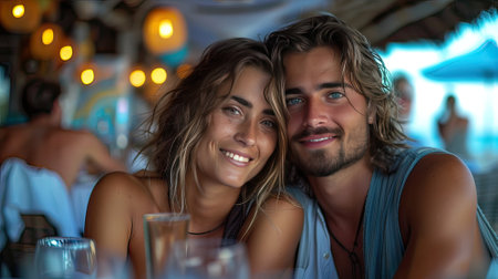 Couple of bearded man and woman in a romantic and happy moment having a drink in a bar taking a self-portraitの素材
