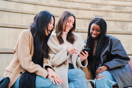 three multiracial women friends smiling using a smartphone looking for clothes on internet. A group...