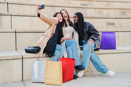 Group of multiracial young women smiling doing a selfie portrait with cellphone after shopping. Three multiehnic happy girls having fun taking pictures sitting outdoors. Lifestyle conceptの写真素材
