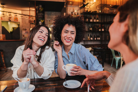 A group of young women talking and laughing sitting on a coffee shop or restaurant. Two ladies smiling and looking his friend holding a cup. Three girls having fun cahtting on a bar. Lifestyle conceptの写真素材
