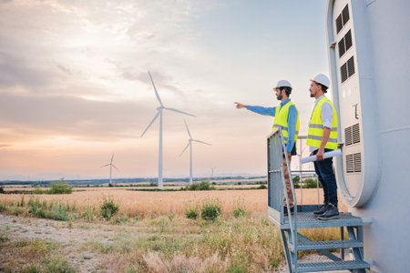 Two wind mill engineers or technicians planning a construction indicating where the new turbine will...