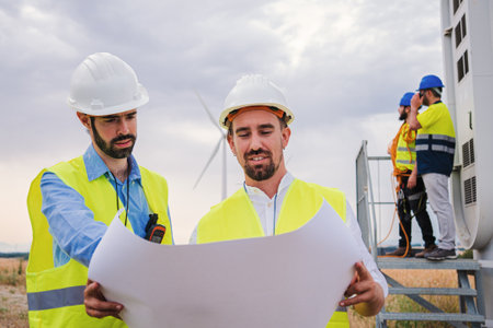 Two windmill engineers looking a blueprint with the plan of the construction of the electricy...