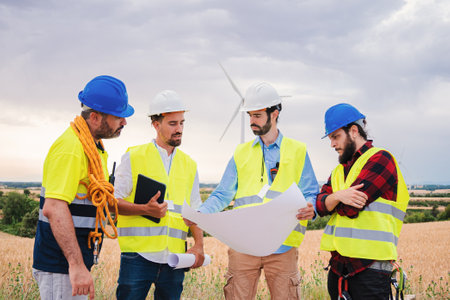 Teamwork of renewable energy architect and engineers reading a blueprint and planning the construction together. Power industry concept.の写真素材