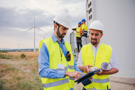 group of wind mill professional engineers contractors working and using a tablet to watch the draft of the construction of the generator propeller of renewable energy wearing helmet and safety vestの写真素材