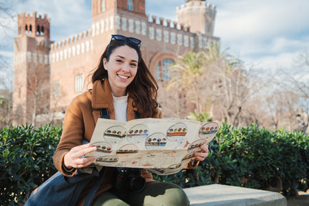 International tourist woman searching a location on a map. Happy female traveler smiling and looking...