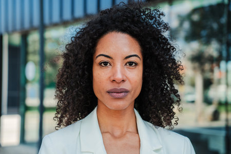 Serious african american businesswoman looking pensive at camera with proud attitude wearing a executive suit Close up portrait of hispanic corporate female worker with curly hairの写真素材