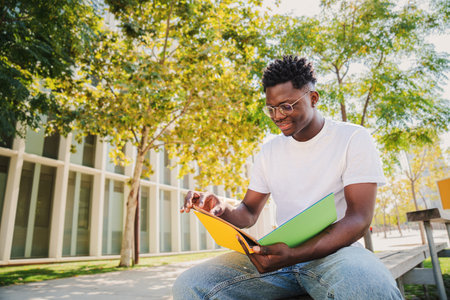 African american smart student reading a book sitting at university campus outdoors. Handsome concentrated young man with glasses studying and learning her notes of the lesson forの写真素材