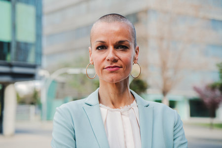 Close up portrait of a successful business woman wearing a formal suit proud of her professional work. One executive female standing at workspace. Confident startup ceo or employeeの写真素材