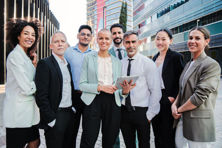 Team work of businesspeople standing at workspace and looking at camera together. Meeting of a crowd of corporate coworkers. Partnership of startup successful employeesの写真素材