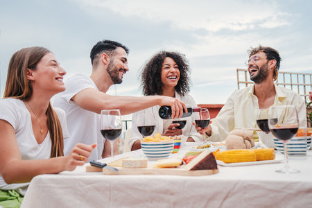 Handsome man fill the wineglass of his brother at lunch or dinner party. Caucasian guy serve the red wine bottle on a friends reunion. Group of people having fun and smilingの写真素材