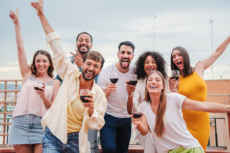 Portrait of big group of young adult friends celebrating a birthday rooftop party at weekend with wineglasses. Multiracial males and females having fun and smiling togetherの写真素材