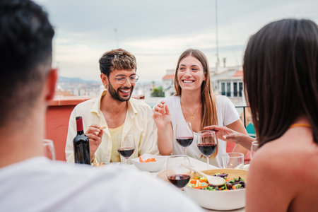 Happy young adult couple smiling, laughing and dining with their friends on a friendly lunch party celebration. Two family people feeding celebrating a barbeque event with theirの写真素材