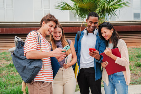Happy diverse classmates looking at their smartphones and laughing together watching funny videos after class. Young multiracial student people using their cellphones and sharingの写真素材