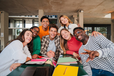 Happy young university students smiling and looking at camera enjoying together sitting in the library or classroom. Multiracial teenage friends laughing on a study break at campusの写真素材