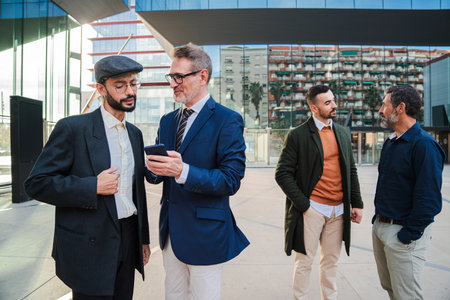 Group of businessmen watching the investment on a cellphone. Business people using a smartphone to...