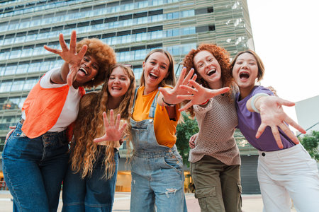 Group of young adult women smiling and gesturing at camera together. Teenage females posing for a...