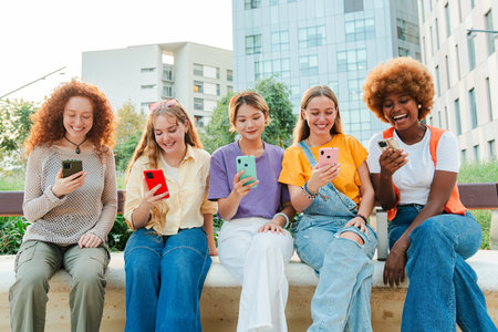 Multiracial group of young female friends enjoying and smiling using their mobile phone app sitting...