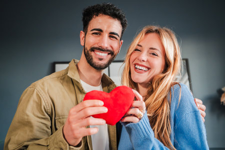Young adorable couple holding a red heart shape smiling and looking at camera with happy expression. Girlfriend and boyfriend celebrating valentines day festivity or relationshipの写真素材