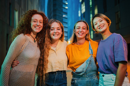 Portrait of a group of young women smiling looking at camera together at night time. Four female...