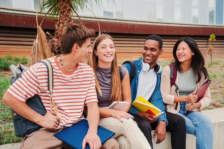 Group of multiracial young academic students talking together sitting at university campus....