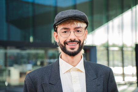 Close up individual portrait of one hipster guy smiling and looking at camera standing outdoors....