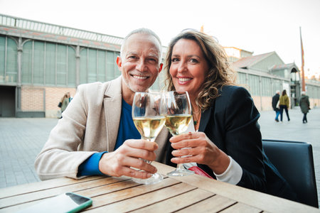 Mature couple toasting white wine glasses smiling and looking at camera. Middle aged married people...