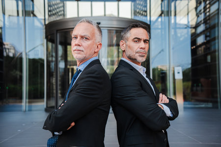 Two succesful mature business men looking at camera with serious expression. A pair of executive mid...