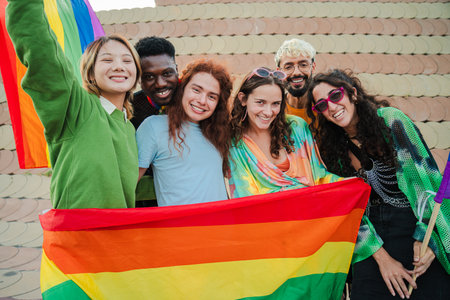 Group of young LGBT poeple smiling celebrating together the gay pride day with a rainbow flag. Diverse friends looking at camera and having fun on aの写真素材