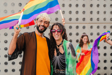 Gay young man and lesbian woman celebrating the lgbt pride with their friends, waving the rainbow...