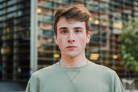 Close up individual portrait of one young male standig outside and looking at camera with serious expression. Teenage student staring front withの写真素材
