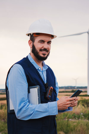 Vertical. Bearded caucasian engineer or technician with helmet using a smartphone, smiling and...