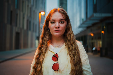 Close up portrait of a real young woman looking at camera. One serious female staring front at night. Teenage girl with pensive expressionの写真素材