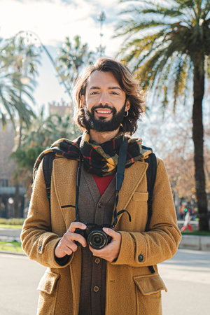 Vertical portrait. Young bearded tourist blogger standing at the avenue smiling and looking at camera. Front view of happy hipster male in a journeyの写真素材