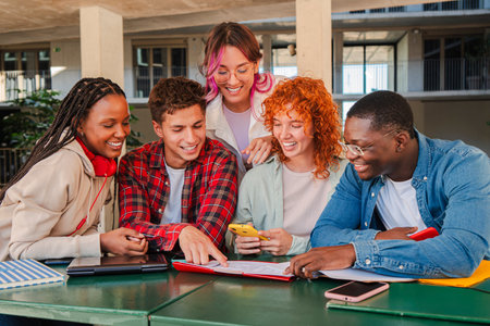 Diverse group of college teenage students studying together, looking at notes and using a cellphone while collaborating at university campus libraryの写真素材
