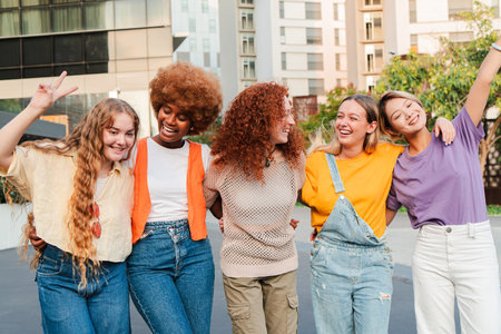 Group of diverse young women having fun together outdoors in the city, smiling and embracing each other. Perfect for concepts of friendship, diversityの写真素材