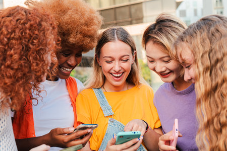 Group of diverse young women happily using their smartphones together outdoors, sharing and enjoying social media content, laughing, and bondingの写真素材
