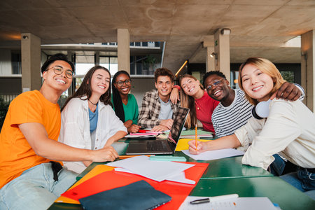 Diverse Group of University Students Share Joyful Moment During Collaborative Study Session, Their Genuine Smiles and Academic Camaraderie Capturedの写真素材