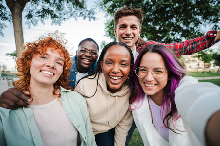 Group of happy teenagers smiling and having fun outdoors, enjoying friendship and diversity while...