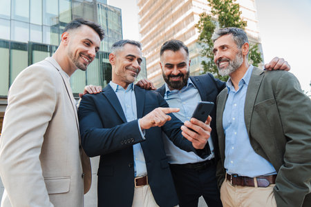 Group of businessmen smiling and discussing something while looking at a cellphone, sharing information or ideas during a work break outdoors, showingの写真素材