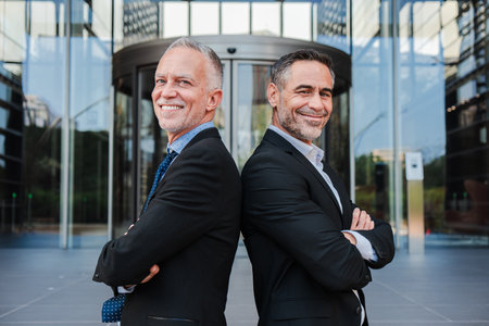 Confident senior businessmen standing in formal suits, smiling proudly in front of a modern glass building, symbolizing teamwork, leadership, successの写真素材