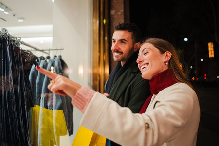 Happy couple admiring a storefront display at night, shopping together with stylish clothing options, reflecting excitement, curiosity, and bondingの写真素材