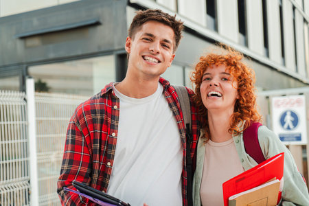 Two cheerful classmates posing together outdoors, smiling warmly at the camera while holding books and backpacks, showcasing a friendly and happyの写真素材