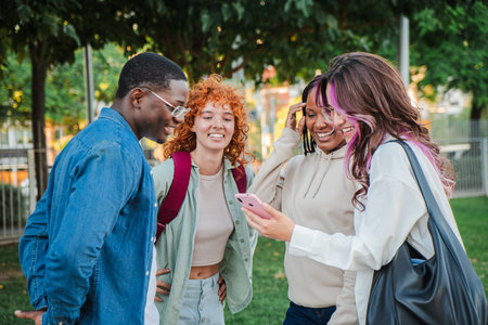 Group of multiracial teenage students talking and laughing outdoors, enjoying friendship and bonding...