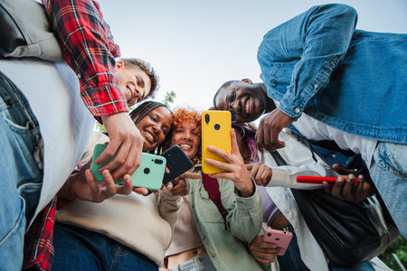 A joyful group of diverse student friends smiling while interacting with their cellphones, capturing moments, sharing laughter, and bonding throughの写真素材