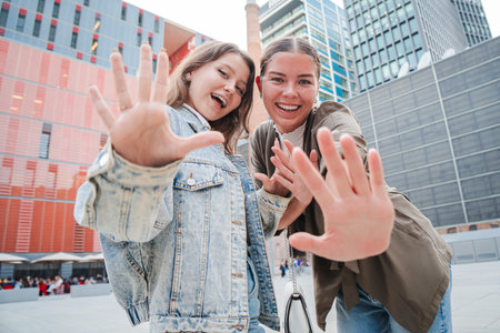 Two smiling young women playfully reaching out their hands toward the camera, creating a sense of interaction and joy, with a focus on theirの写真素材