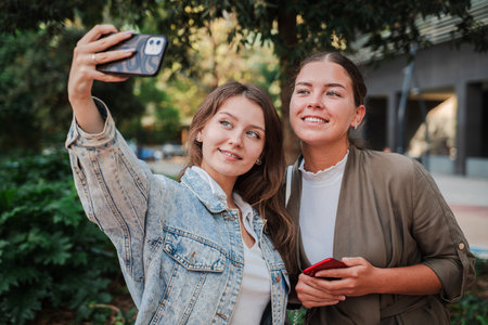 Two Young Women Are Happily Taking a Selfie Together with Their Smartphones. They Are Smiling and Enjoying Each Others Company While Capturing Thisの写真素材