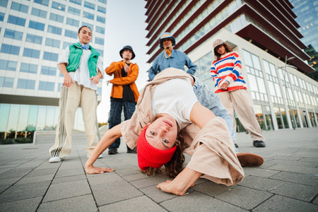 A Talented B-Girl Displays Her Incredible Breakdance Skills While Executing a Stunning Freeze Move....