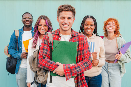 Group Of Joyful Young Students Smiling Together While Holding Books And Notebooks In Their Hands on a turquoise background , Celebrating Theirの写真素材