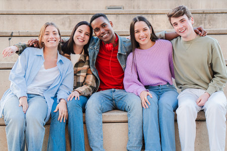 Joyful Group of Five Diverse Friends Enjoying Time Together While Sitting on Steps in a Relaxed Pose with Smiles and Laughter Captured in aの写真素材